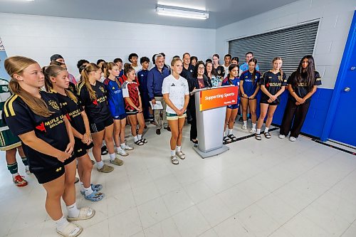 MIKE DEAL / FREE PRESS
Surrounded by young soccer athletes, Sports, Culture, Heritage and Tourism Minister Nellie Kennedy announces that the provincial government will be investing $750,000 to support upgrades to the Ralph Cantafio Soccer Complex (900 Waverley Street).
Héctor Vergara, executive director, Manitoba Soccer Association, and Raff Cantafio, Cantafio family also spoke, both getting emotional during their speeches.
Reporter: Grace Penner
260724 - Friday, July 24, 2026.