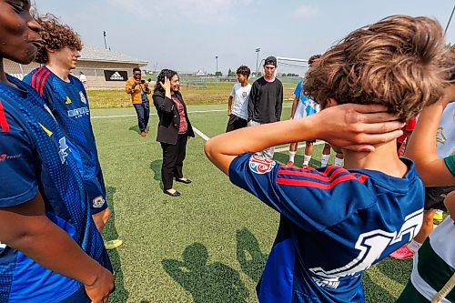 MIKE DEAL / FREE PRESS
Sports, Culture, Heritage and Tourism Minister Nellie Kennedy chats with some of the young athletes on the field after announcing that the provincial government will be investing $750,000 to support upgrades to the Ralph Cantafio Soccer Complex (900 Waverley Street).
Héctor Vergara, executive director, Manitoba Soccer Association, and Raff Cantafio, Cantafio family also spoke, both getting emotional during their speeches.
Reporter: Grace Penner
260724 - Friday, July 24, 2026.