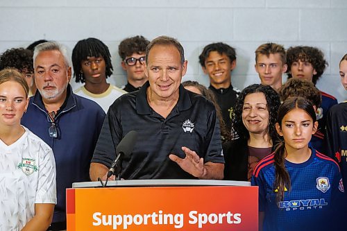 MIKE DEAL / FREE PRESS
Héctor Vergara, executive director, Manitoba Soccer Association speaks during the announcement.
Surrounded by young soccer athletes, Sports, Culture, Heritage and Tourism Minister Nellie Kennedy announces that the provincial government will be investing $750,000 to support upgrades to the Ralph Cantafio Soccer Complex (900 Waverley Street).
Héctor Vergara, executive director, Manitoba Soccer Association, and Raff Cantafio, Cantafio family also spoke, both getting emotional during their speeches.
Reporter: Grace Penner
260724 - Friday, July 24, 2026.