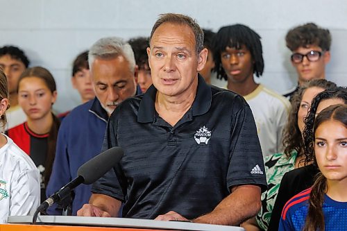 MIKE DEAL / FREE PRESS
Héctor Vergara, executive director, Manitoba Soccer Association speaks during the announcement.
Surrounded by young soccer athletes, Sports, Culture, Heritage and Tourism Minister Nellie Kennedy announces that the provincial government will be investing $750,000 to support upgrades to the Ralph Cantafio Soccer Complex (900 Waverley Street).
Héctor Vergara, executive director, Manitoba Soccer Association, and Raff Cantafio, Cantafio family also spoke, both getting emotional during their speeches.
Reporter: Grace Penner
260724 - Friday, July 24, 2026.