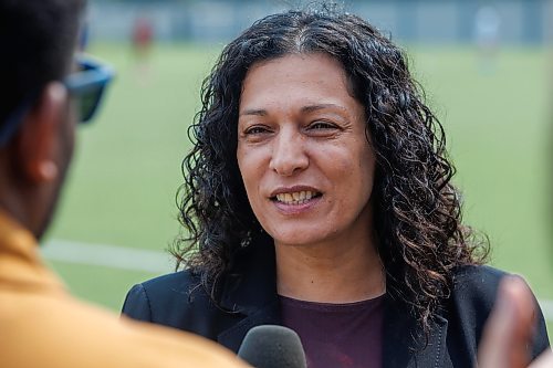 MIKE DEAL / FREE PRESS
Sports, Culture, Heritage and Tourism Minister Nellie Kennedy announces that the provincial government will be investing $750,000 to support upgrades to the Ralph Cantafio Soccer Complex (900 Waverley Street).
Héctor Vergara, executive director, Manitoba Soccer Association, and Raff Cantafio, Cantafio family also spoke, both getting emotional during their speeches.
Reporter: Grace Penner
260724 - Friday, July 24, 2026.