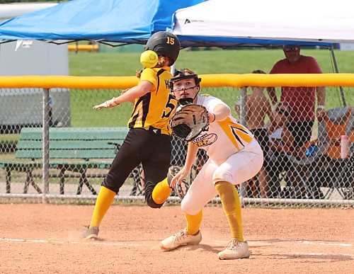 Westman Storm base runner Brailey Hobbs (5) crosses the bag safely as Westman Heat first baseman Emily Gillespie reaches for the ball during the gold-medal game of Softball Manitoba's under-13 provincial championship at Ashley Neufeld Softball Complex on Sunday afternoon. (Perry Bergson/The Brandon Sun)
July 26, 2026