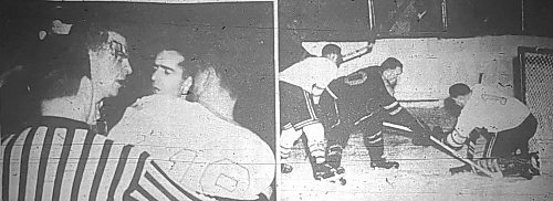 There was no lack of excitement when the Brandon Regals beat the Winnipeg Warriors 5-1 at the Wheat City Arena on Jan. 7, 1956 to snap Winnipeg's six-game winning streak. In the photo on the left, referees Blair Peters and in the middle, Andy Gurba, break up Winnipeg's Danny Summers and Brandon's Murray Wilkie (19) after a fight in which Summers got cut. In the photo on the right, Brandon goalie Lucien Dechene makes a save on Winnipeg's Paul Manick (10) as Brandon's Aggie Kukulowicz tries to disrupt the play from behind. (Brandon Sun files)