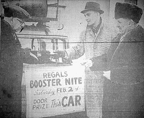 The Brandon Regals ran a unique promotion in February of 1957. Each customer bought a $5 ticket, well over the normal price, but were in the running to win a free new car, with one given away for every 2,000 fans. E.S. Martin buys a ticket from Brandon Sun sports editor Henry Stothard and Regals general manager Frank Boucher in the photo, which ran in the Sun on Jan. 30, 1957. This photo is a picture taken of a micofiche image. The original no longer exists. (Brandon Sun files)