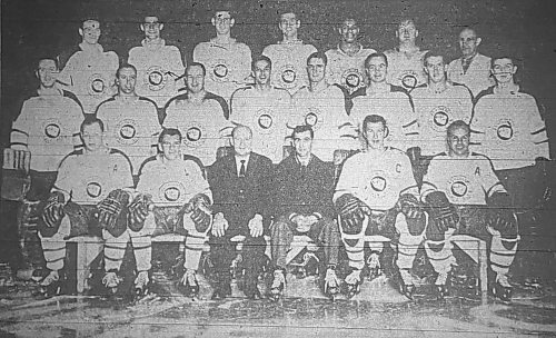 The Quebec Aces are shown in a team photo prior to the series against the Brandon Regals. They are, front row, left to right, Brent MacNab, Jean-Marie Cossette, general manager George (Punch) Imlach, coach Conrad Parent, captain J.P. Lamirande. Second row, Al Millar, Ludger Tremblay, Orval Tessier, Stan Maxwell, Floyd Hillman, Gene Achtymichuk, Bob Beckett, Normand Jacques. Third row, Marcel Bonin, Jacques Gagne, Dick Gamble, Mike Labadie, Willie O'Ree, Skip Teal, Ralph McNaughton. This photo is a picture taken of a micofiche image. The original no longer exists. (Brandon Sun files)