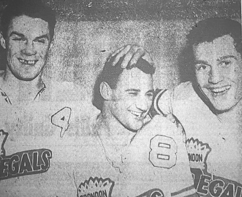 Len Haley (8) smiles after scoring in overtime in Game 4 of the best-of-seven Prairie Division final to give the Brandon Regals a 3-2 victory and a 3-1 edge in the series. He is flanked by Bob Chrystal (4) and Bill Bucyk.  (Brandon Sun files)