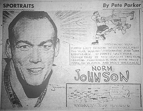 Brandon Regals forward Norm Johnson is shown in a cartoon that ran in the Feb. 23, 1957 edition of The Brandon Sun. He played 15 games in the 1957-58 season with the Boston Bruins, with the rest of the year in the American Hockey League. (Brandon Sun files)