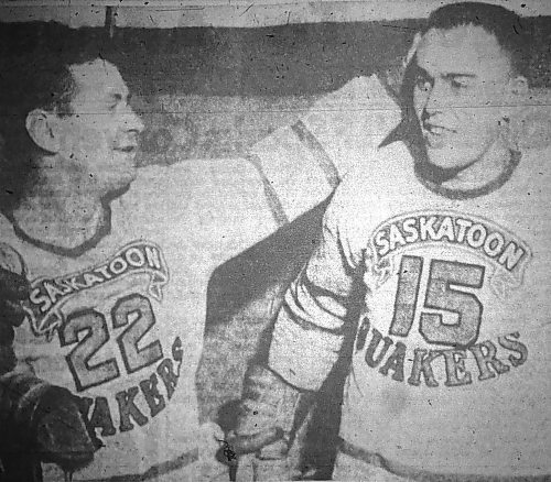 In a photo that appeared in the Brandon Sun on Oct. 5, 1956, Les Lilley (15) is greeted after finally arriving at Brandon Regals camp by defenceman Vic Lynn (22). Lilley was quickly signed, becoming the 10th player to put pen to paper. (Brandon Sun files)