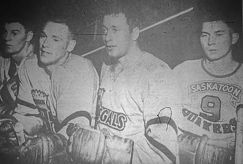 Earl Ingarfield, Murray Wilkie, Gord Stratton and Dave Gordichuk wait for their chance to get back on the ice at Wheat City Arena after the Brandon Regals opened training camp on Sept. 22, 1956. Gordichuk was the only one who hadn't played in the Western Hockey League in the previous season. (Brandon Sun files)