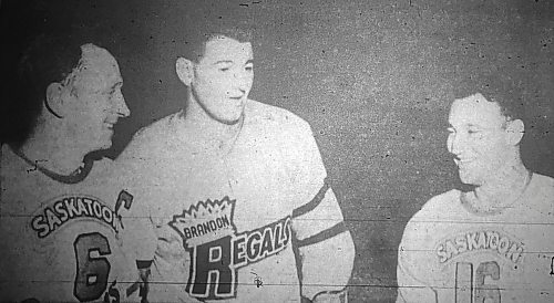 In the final weekend of practice for the Brandon Regals before the Western Hockey League's regular season begins, Eldred Kobussen, Elliott Chorley and Len Haley have a discussion. Some players wore Saskatoon Quakers jerseys because not all the Regals equipment showed up on time. The picture appeared in the Oct. 6, 1956 edition of The Brandon Sun. (Brandon Sun files)