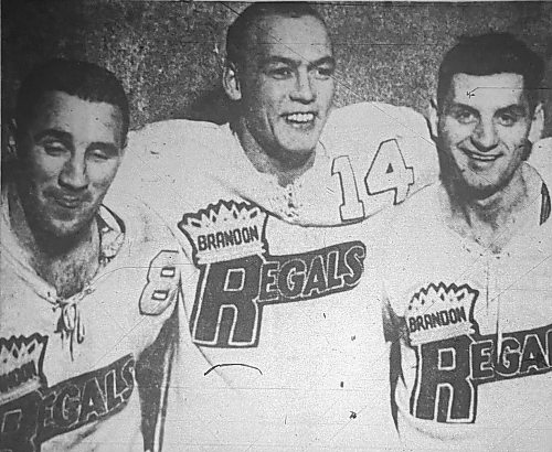 Brandon Regals Len Haley, Norm Johnson and player-coach Don Raleigh celebrate after scoring in a 3-1 victory over the Winnipeg Warriors on Dec. 2, 1956. The photos are pictures taken of micofiche images. The originals no longer exist. (Brandon Sun files)
