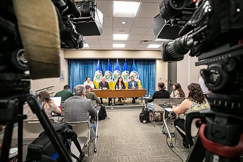 MIKAELA MACKENZIE / FREE PRESS
	
Winnipeg Fire Paramedic Service chief Ryan Sneath (left), mayor Scott Gillingham, Maria Cotroneo (with Pensa Consulting Inc.) and Winnipeg Police Service chief Gene Bowers speak at the release of the Community Crisis Response report on Tuesday, July 28, 2026.

For Malak story.
Free Press 2026