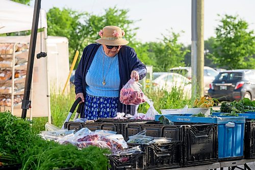 Mike Sudoma / Free Press
Kathy Janzen gathers a bag of potatoes at the ET Farms booth at the St Norbert Farmers Market Saturday morning
July 25, 2026