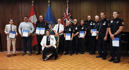 JOHN WOODS / FREE PRESS
Rescue award recipients from left: Knox Nickel, Dan Nickel (missing), Preston Waide Houle, representative for Alex Plante (missing) and Tegan Nagorski (missing), and Pinawa Fire & Rescue Service are presented with a lifesaving award from the lieutenant governor Anita Neville at the Lifesaving Society Manitoban Awards in Government House Tuesday, July 28, 2026.
reporter: morgan