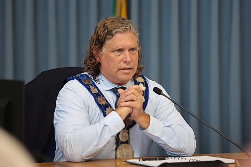 Brandon Mayor Jeff Fawcett speaks at city council on Monday evening. During the meeting, he thanked the community for respecting the process and allowing crews to complete the flood-related work. (Alex Lambert/The Brandon Sun)