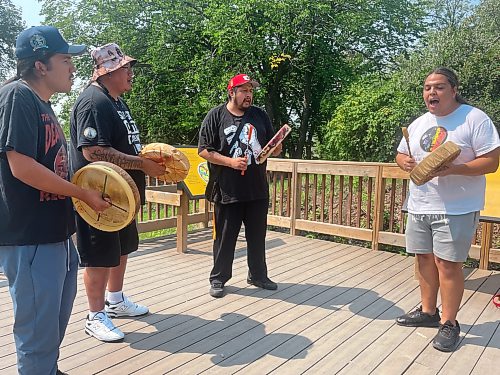 Tiago Resko / Free Press
The drummers from left to right are Barney Pekki-Deshambeault, Charles Yuzicappi, Nathan McKay and Jeremy Schick.
The rare white buffalo, Blizzard, was honoured with a ceremony at the Assiniboine Park Zoo Wednesday.