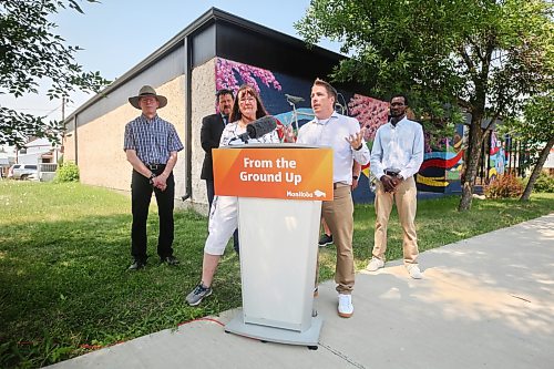Rivers Train Station Restoration and Heritage Committee Chair Donna Morken and Wayne Kelly, the director of the Rural Development institute at Brandon University, answer questions from the media on how a $98,000 grant from the province will be used for economic development in the community of Rivers, Man. during a press conference on Wednesday afternoon. (Matt Goerzen/The Brandon Sun)