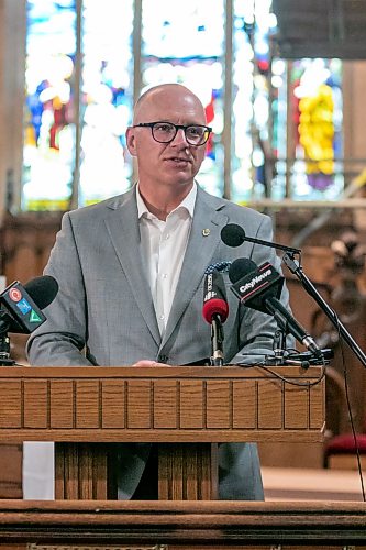 BROOK JONES/FREE PRESS
Holy Trinity Anglican Church and CentreVenture Development Corporation officially launch Phase II of the Holy Trinity Heritage Renewal Initiative, a major planning process that will help shape the future of one of Winnipeg's most significant heritage landmarks, on Wednesday, July 29, 2026. Pictured: Winnipeg Mayor Scott Gillingham speaking during the announcement at Holy Trinity Church in Winnipeg, Man.