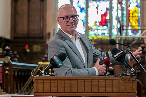 BROOK JONES/FREE PRESS
Holy Trinity Anglican Church and CentreVenture Development Corporation officially launch Phase II of the Holy Trinity Heritage Renewal Initiative, a major planning process that will help shape the future of one of Winnipeg's most significant heritage landmarks, on Wednesday, July 29, 2026. Pictured: Winnipeg Mayor Scott Gillingham speaking during the announcement at Holy Trinity Church in Winnipeg, Man.