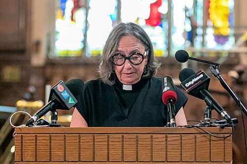 BROOK JONES/FREE PRESS
Holy Trinity Anglican Church and CentreVenture Development Corporation officially launch Phase II of the Holy Trinity Heritage Renewal Initiative, a major planning process that will help shape the future of one of Winnipeg's most significant heritage landmarks, on Wednesday, July 29, 2026. Pictured: The Rev. Canon Donna Joy who is the Interim incumbent at Holy Trinity Anglican Church speaking during the announcement at Holy Trinity Church in Winnipeg, Man.
