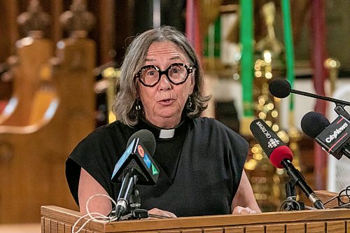 BROOK JONES/FREE PRESS
Holy Trinity Anglican Church and CentreVenture Development Corporation officially launch Phase II of the Holy Trinity Heritage Renewal Initiative, a major planning process that will help shape the future of one of Winnipeg's most significant heritage landmarks, on Wednesday, July 29, 2026. Pictured: The Rev. Canon Donna Joy who is the Interim incumbent at Holy Trinity Anglican Church speaking during the announcement at Holy Trinity Church in Winnipeg, Man.