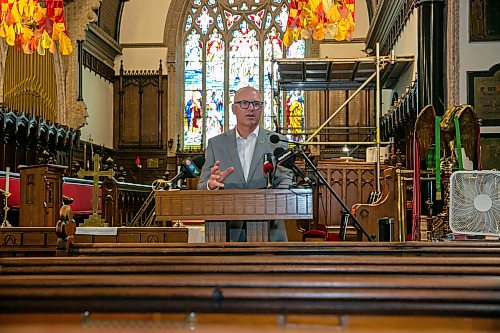 BROOK JONES/FREE PRESS
Holy Trinity Anglican Church and CentreVenture Development Corporation officially launch Phase II of the Holy Trinity Heritage Renewal Initiative, a major planning process that will help shape the future of one of Winnipeg's most significant heritage landmarks, on Wednesday, July 29, 2026. Pictured: Winnipeg Mayor Scott Gillingham speaking during the announcement at Holy Trinity Church in Winnipeg, Man.