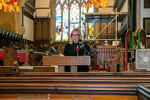 BROOK JONES/FREE PRESS
Holy Trinity Anglican Church and CentreVenture Development Corporation officially launch Phase II of the Holy Trinity Heritage Renewal Initiative, a major planning process that will help shape the future of one of Winnipeg's most significant heritage landmarks, on Wednesday, July 29, 2026. Pictured: CentreVenture Development Corporation President & CEO Rochelle Squires speaking during the announcement at Holy Trinity Church in Winnipeg, Man.