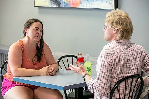 BROOK JONES/FREE PRESS
Free Press Religion reporter Josiah Neufeld (right) interviews Lisa Bowden who is involved in prison justice work. Neufeld and Bowden were pictured at Soups, Sandwiches & More in Winnipeg, Man., Wednesday, July 29, 2026.