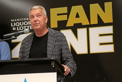 Dan Trotter, chair of the organizing host committee for the 2027 Telus Cup, speaks at the announcement of the event coming to the Keystone Centre in April. (Thomas Friesen/The Brandon Sun)
