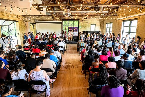 Mike Sudoma/Free Press
Folklorama Executive Director Teresa Controneo speaks to a full room of media and event attendees during a Folklorama kick-off event as well as a Citizenship Ceremony put on by the IRCC at The Forks Wednesday morning
July 29, 2026