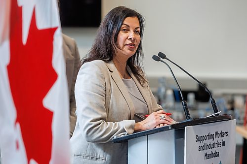 MIKE DEAL / FREE PRESS
Rebecca Chartrand, Minister of Northern and Arctic Affairs and Minister responsible for the Canadian Northern Economic Development Agency, speaks during the announcement.
Rebecca Chartrand, Minister of Northern and Arctic Affairs and Minister responsible for the Canadian Northern Economic Development Agency, Jamie Moses, Manitoba’s Minister of Business, Mining, Trade and Job Creation, as we as Renée Cable, Manitoba’s Minister of Advanced Education and Training, were on hand Friday morning at the RRC Polytech Centre for Automation and Manufacturing Technology, during the announcement that a partnership agreement between the federal and provincial governments for workers whose jobs have been directly or indirectly impacted by global tariffs which means they will receive support to help them adapt and retrain.
260605 - Friday, June 05, 2026.
