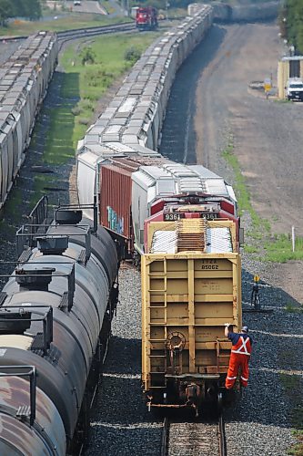 A worker with Canadian Pacific Kansas City railway hangs on the back car of a westbound train in the Brandon train yards just north of Pacific Avenue on Tuesday afternoon. (Matt Goerzen/The Brandon Sun)