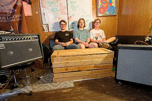Mike Sudoma/Free Press
(Left to right) Noah St Hilaire Nikola Boticki and Luke Penner of Leons Getting Larger inside their jam space Wednesday evening
July 29, 2026