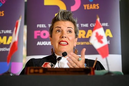 Mike Sudoma/Free Press
Citizenship Judge Suzanne Carrier speaks to attendees during a citizenship ceremony put on by the IRCC and Folklorama at The Forks Wednesday morning
June 29, 2026