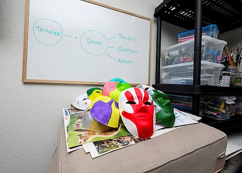 Mike Sudoma/Free Press
A chart of emotions and triggers is drawn on a whiteboard hanging behind masks made by residents of Morberg House. Residents are asked to make decorate these masks in a way that represents themselves and the traumas they’ve been through
July 29, 2026