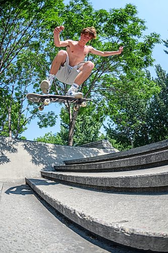 Mike Sudoma/Free Press
Liam Bell kick flips the 4 stair obstacle at The Plaza at the Forks skatepark Wednesday afternoon Bell started skating 4 years ago and got into it after his dad bought him and his siblings skateboards. He got more seriously into it during high school because there was a skatepark built right across the street from his school in Transcona
July 29, 2026