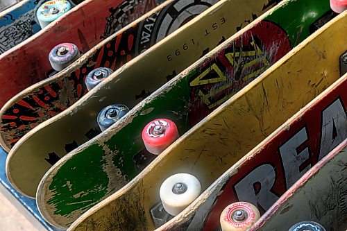 Mike Sudoma/Free Press
A lineup of skateboards are ready to go for skate lessons at the Forks Skatepark Free skate lessons are offered through Pihtikwe Skatepark every Tuesday to Saturday 11am to 5pm. Skateboards and helmets are provided 
July 29, 2026


