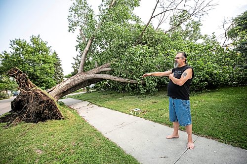 MIKAELA MACKENZIE / FREE PRESS
Neighbour Ian Glover shows a tree that came down in the storm next to his house on Cullen Drive on Thursday, July 30, 2026.
For Chris story.
Free Press 2026