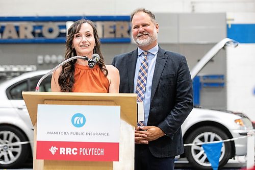 MIKAELA MACKENZIE / FREE PRESS
Rene Cable, minister of advanced education, speaks at an event celebrating MPIճ donations to RRC Polytechճ collision repair and refinishing program on Thursday, July 30, 2026.
For Gabby story.
Free Press 2026