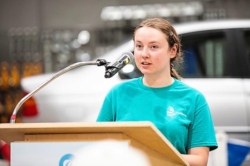 MIKAELA MACKENZIE / FREE PRESS
	
Cassandra Foy, final year collision, repair and refinishing program student, speaks at an event celebrating MPIճ donations to RRC Polytechճ collision repair and refinishing program on Thursday, July 30, 2026.

For Gabby story.
Free Press 2026