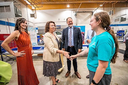 MIKAELA MACKENZIE / FREE PRESS
Rene Cable, minister of advanced education (left), Carmen Nedohin, MPI board chair, Matt Wiebe, minister responsible for MPI, and Cassandra Foy, final year collision, repair and refinishing program student, at an event celebrating MPIճ donations to RRC Polytechճ collision repair and refinishing program on Thursday, July 30, 2026.
For Gabby story.
Free Press 2026