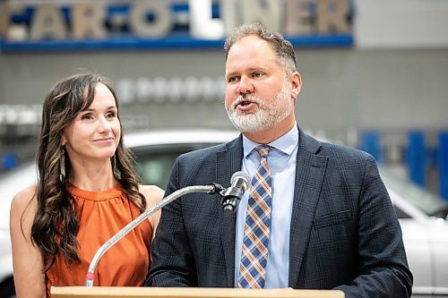 MIKAELA MACKENZIE / FREE PRESS
Matt Wiebe, minister responsible for MPI, speaks at an event celebrating MPIճ donations to RRC Polytechճ collision repair and refinishing program on Thursday, July 30, 2026.
For Gabby story.
Free Press 2026