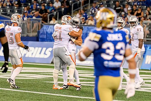 Mike Sudoma/Free Press
Lions running back Zander Horvath celebrates a running touchdown with Offensive Lineman Michael Couture at Princess Auto Stadium Thursday evening
July 30, 2026