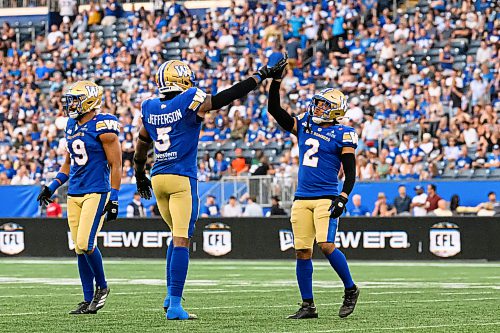 Mike Sudoma/Free Press
(For Taylor Allen Feature) Willie Jefferson celebrates a blocked pass with defensive Jonathan Moxey during Thursday nights game against the BC Lions at Princess Auto Stadium
July 30, 2026