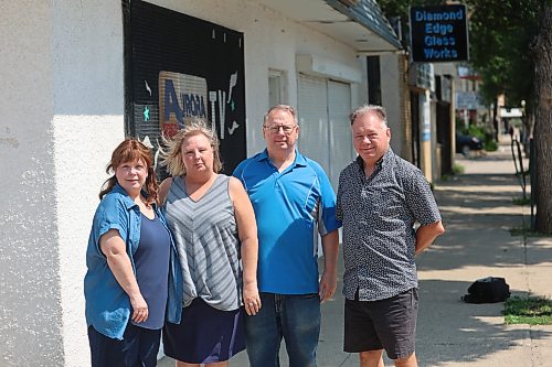Aurora Video Audio general manager Walter Kosior (left), finance officer Lisa Kosior (second left), vice president Charlene Thompson, and president Jacob Kosior stand in front of the store on Saturday afternoon. Aurora Video Audio is permanently closing its doors, ending an era for local electronics repair after six decades of repairing televisions and serving generations of customers in Brandon and Westman. (Abiola Odutola/The Brandon Sun)