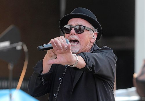 Harlequin lead singer George Belanger gestures during Rockin’ the Fields of Minnedosa on Sunday. (Perry Bergson/The Brandon Sun)