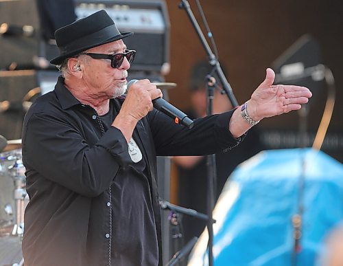 Harlequin lead singer George Belanger gestures during Rockin’ the Fields of Minnedosa on Sunday. (Perry Bergson/The Brandon Sun)