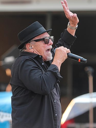 Harlequin lead singer George Belanger gestures during Rockin’ the Fields of Minnedosa on Sunday. (Perry Bergson/The Brandon Sun)
