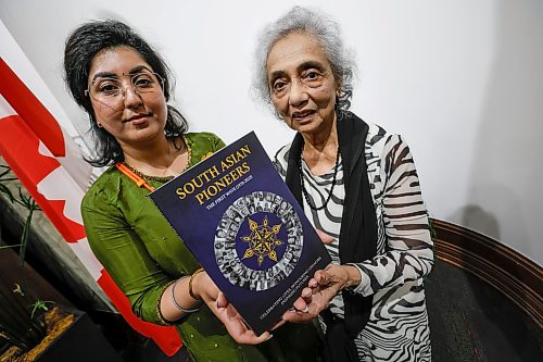 JOHN WOODS / FREE PRESS
Simran Bhinder, project lead, left, and Pamela Rebello, executive director of India School of Dance, Music & Theatre, are photographed at the book launch South Asian Pioneers at the Manitoba Legislature Sunday, June 28, 2026.
reporter: ramona