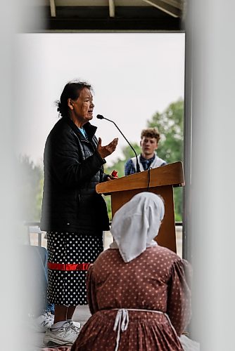 JOHN WOODS / FREE PRESS
Florence Paynter speaks as people take in the Treaty 1 Commemoration Day at Lower Fort Garry Monday, August 3, 2026. 

reporter: standup